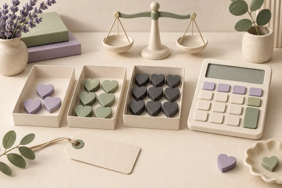 Conceptual calculator, scales and groups of hearts representing quantity and price.