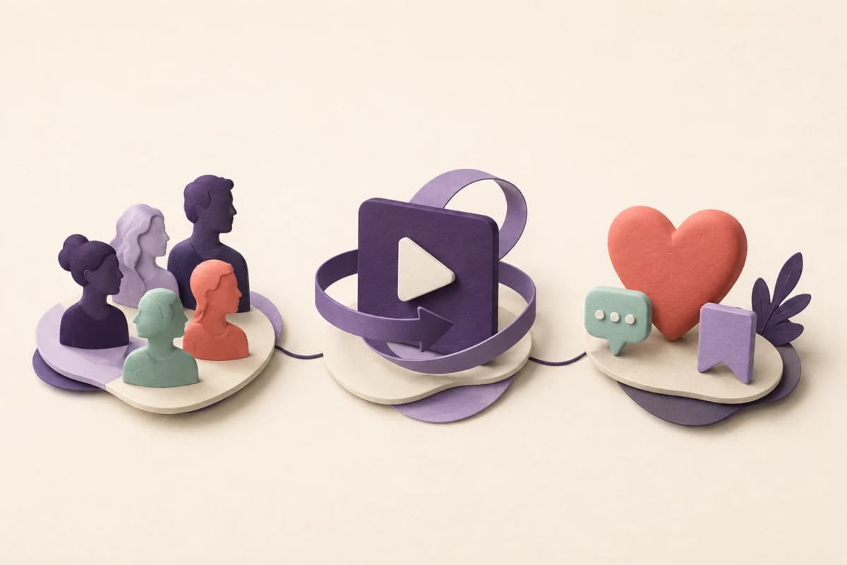 Conceptual illustration of audience tokens, a play symbol and reactions representing different metrics.