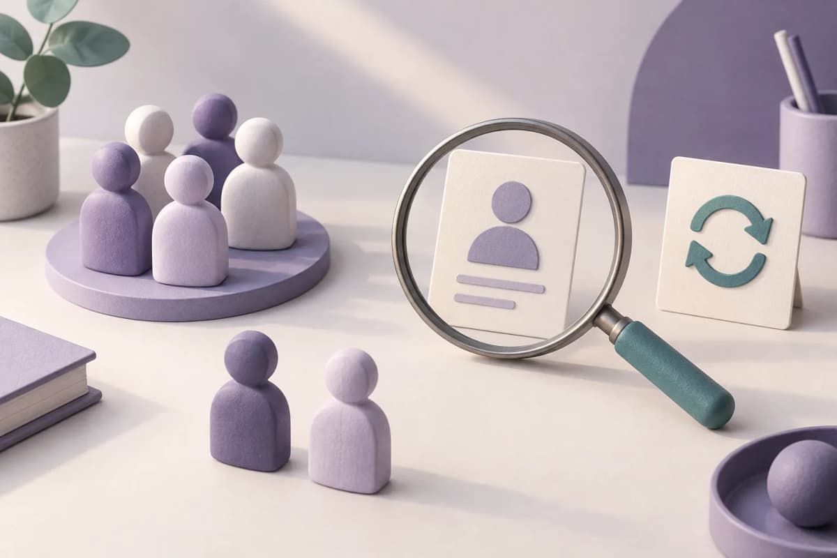 Conceptual illustration of audience tokens, a profile under a magnifying glass and a separate refill symbol.