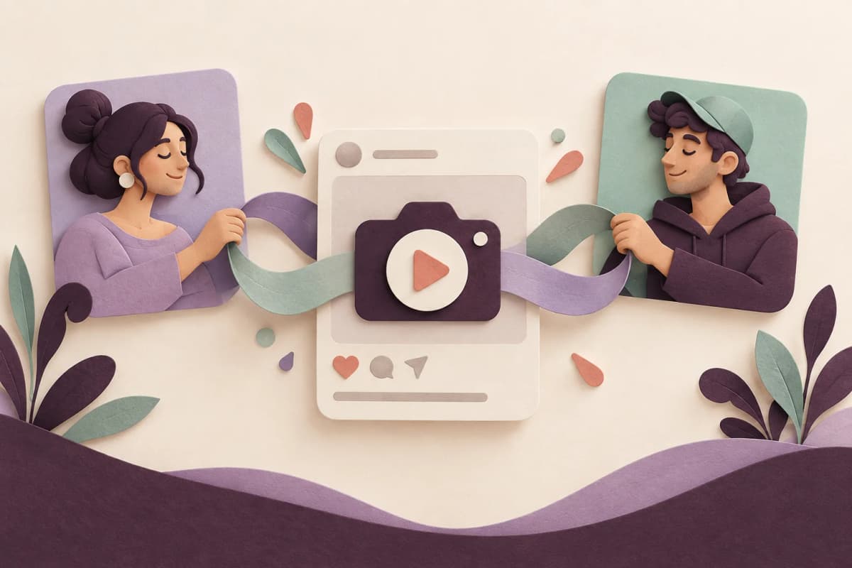 Conceptual illustration of two creators connected to one shared paper post.