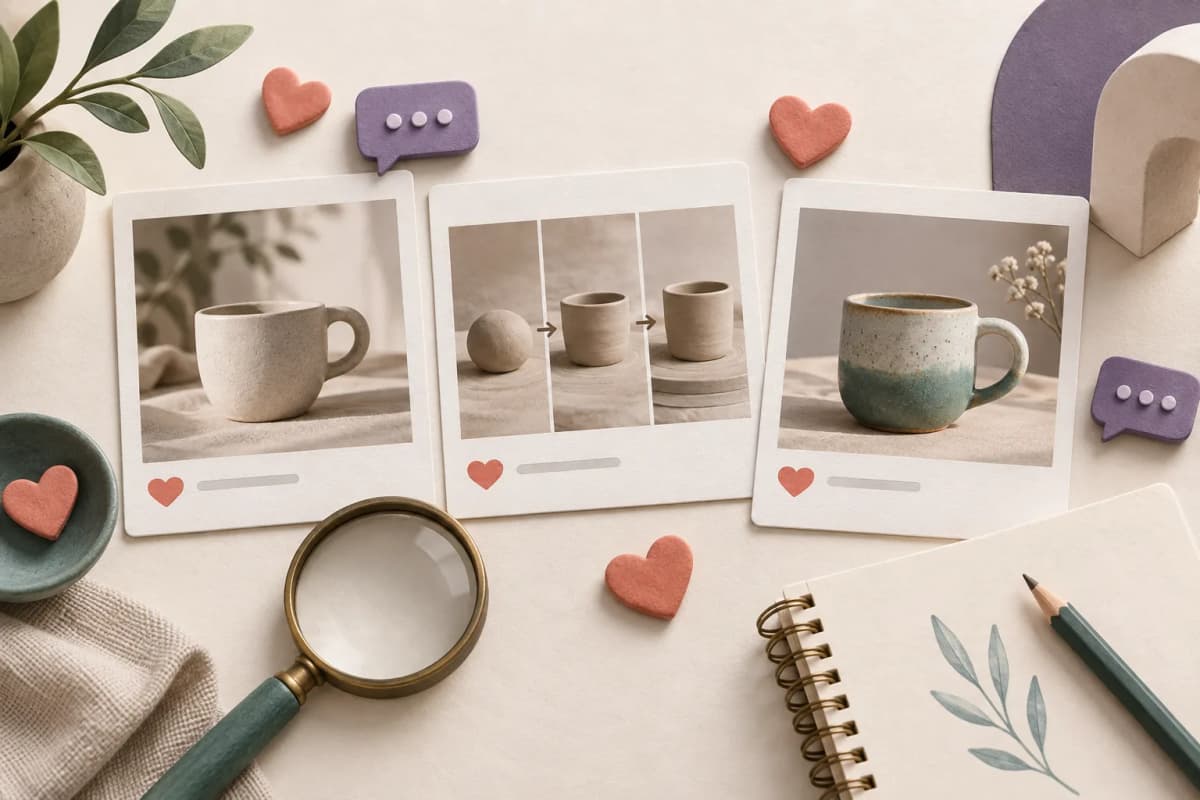 Conceptual illustration of three post ideas, hearts and a notebook for comparing reactions.