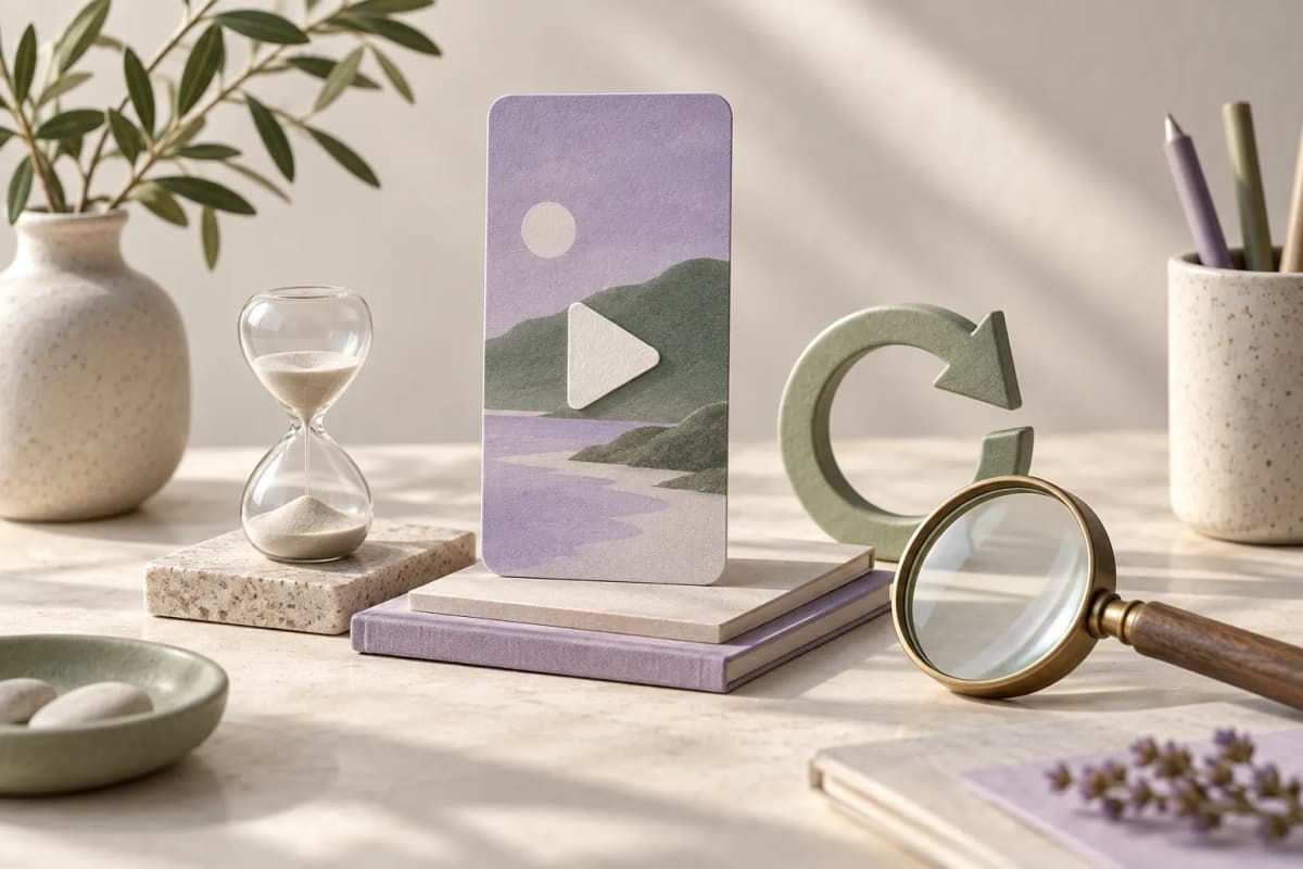 Conceptual illustration of a video card, hourglass, loop arrow and magnifying glass.