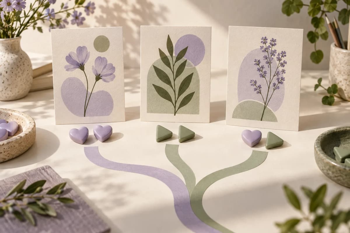 Conceptual illustration of three post cards with separate heart and play counters.