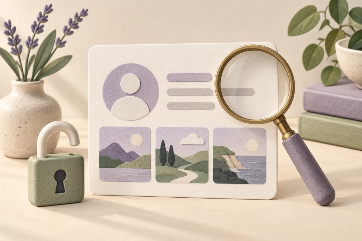 Conceptual paper profile, post cards, magnifying glass and open padlock.