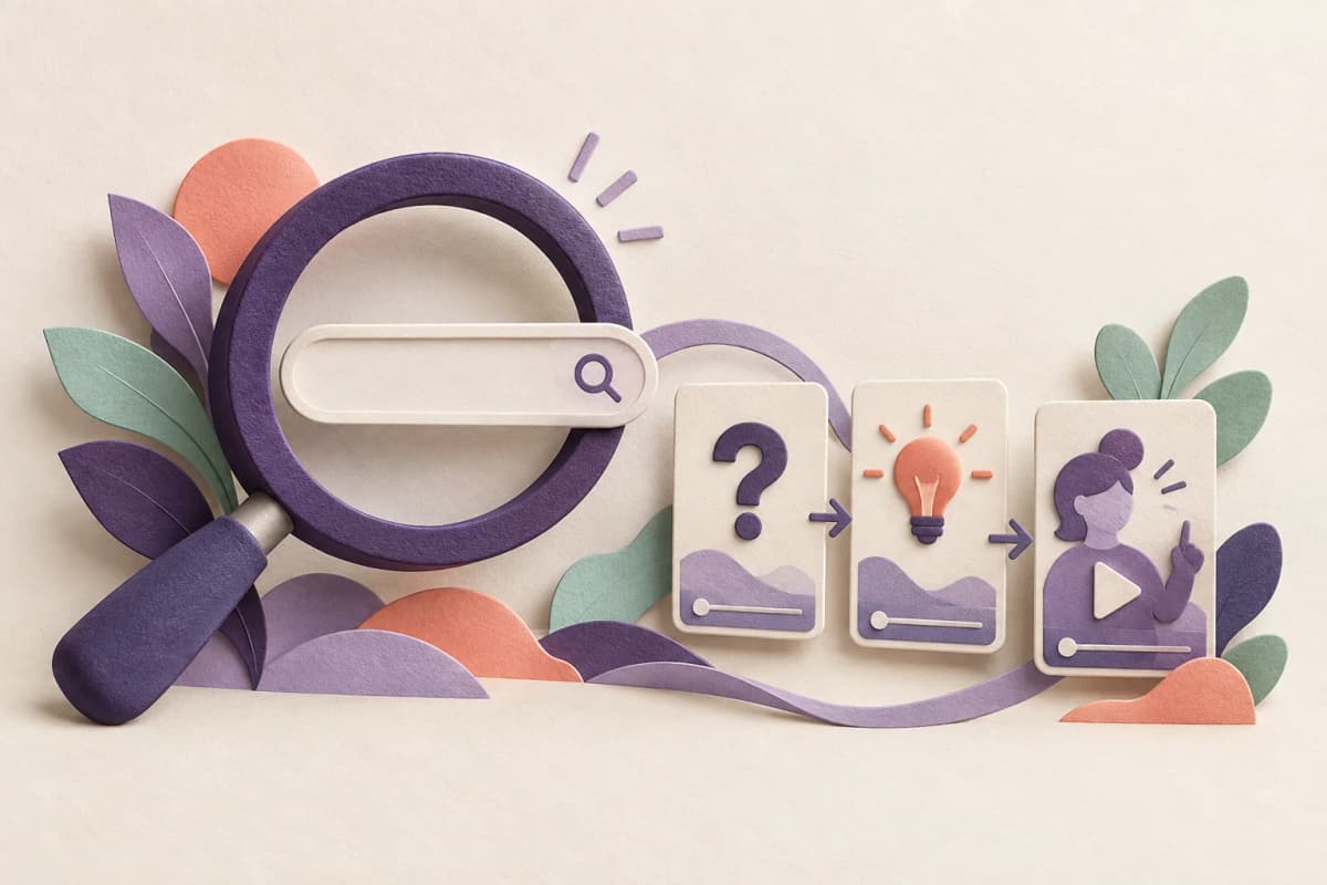 Conceptual paper illustration of a magnifying glass, a question and a video outline.